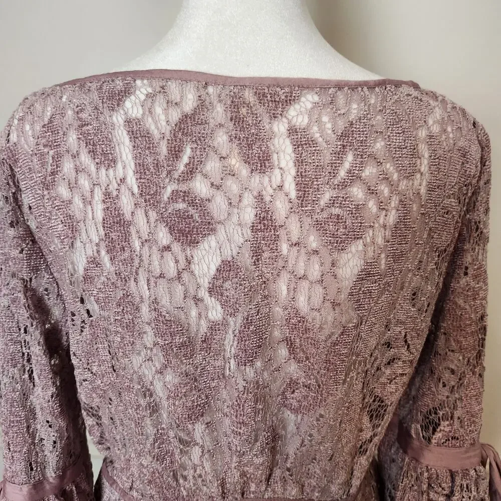 Free People Dress XS Womens Mini Crochet Lace Sheer Mauve Purple Boho Coquette